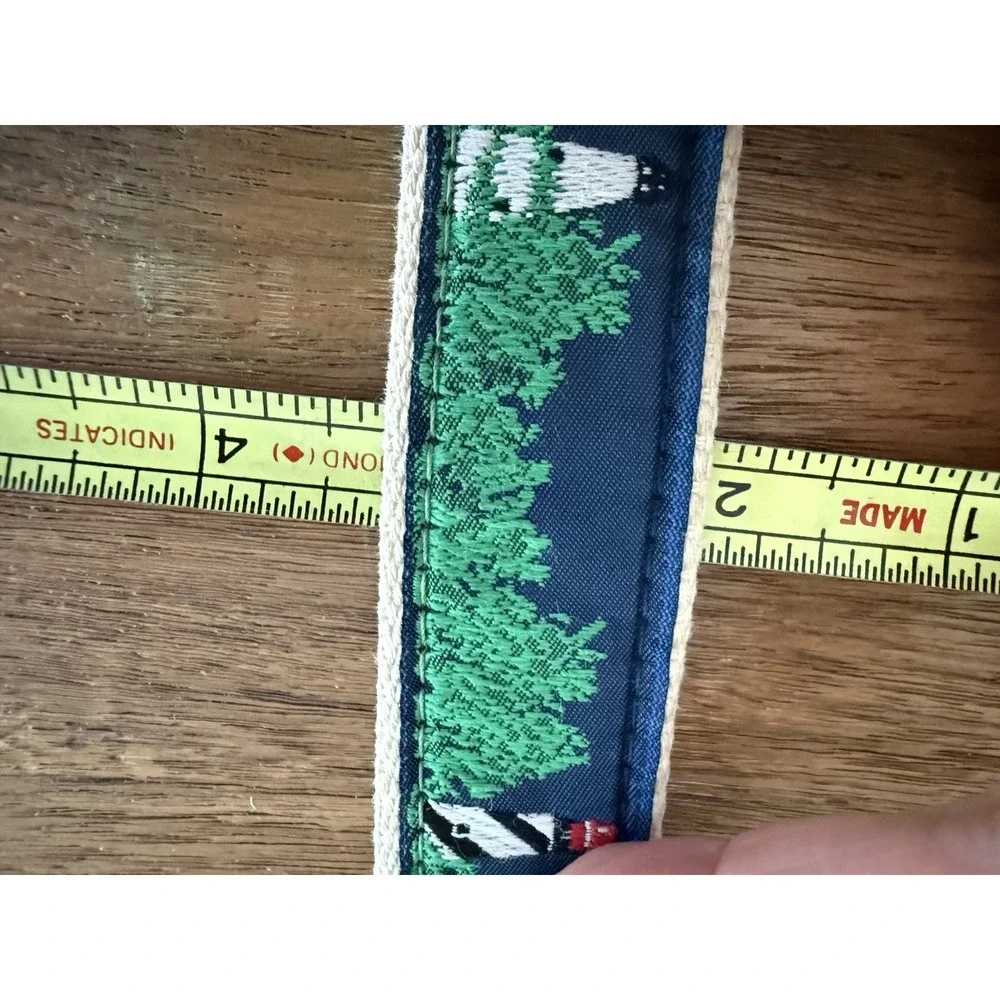 VTG Woven Ribbon Belt Lighthouse Pine Trees Cream Canvas Brass Buckle 36